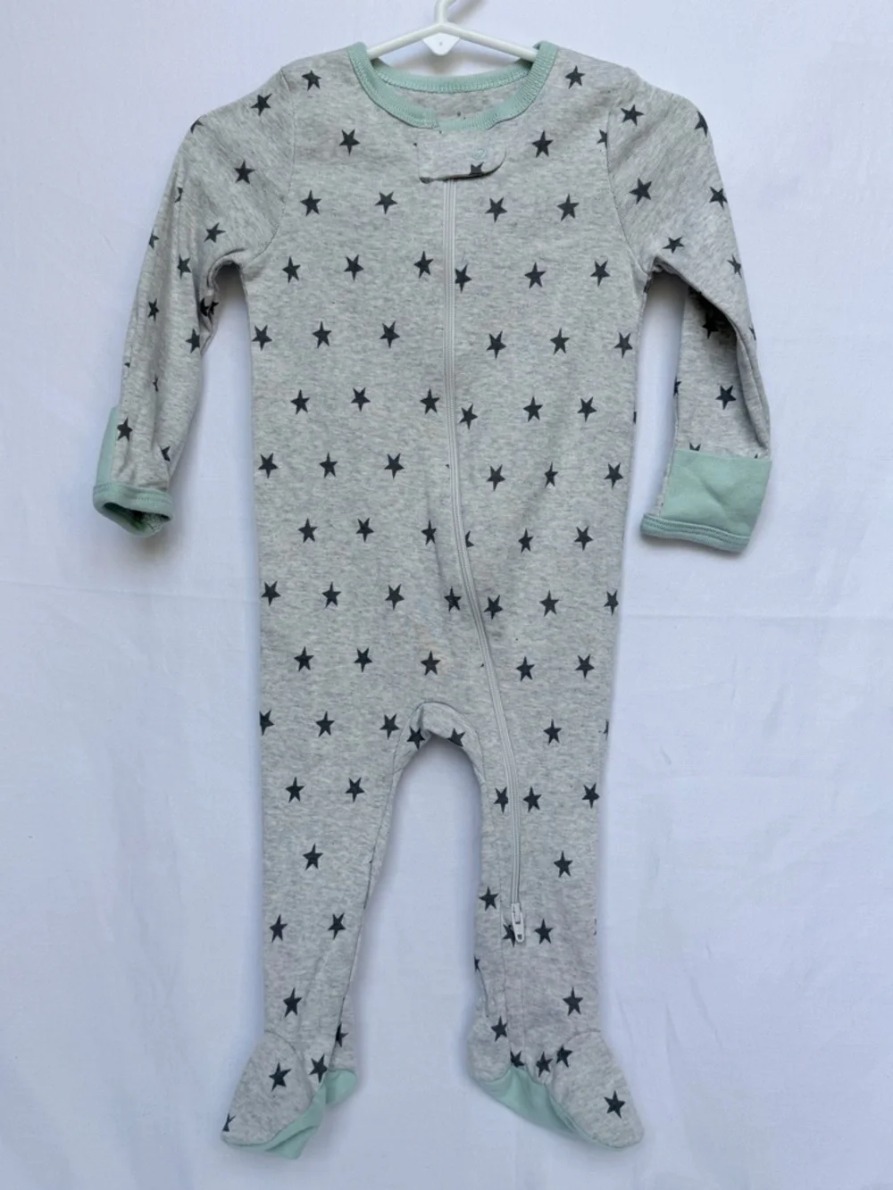 6-9 MTH cloud island Grey Star Footed One-Piece with Mint Trim